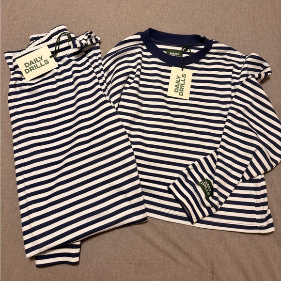 Daily Drills Other - Daily Drills Navy and White Striped Long Sleeve Top and Pants Set